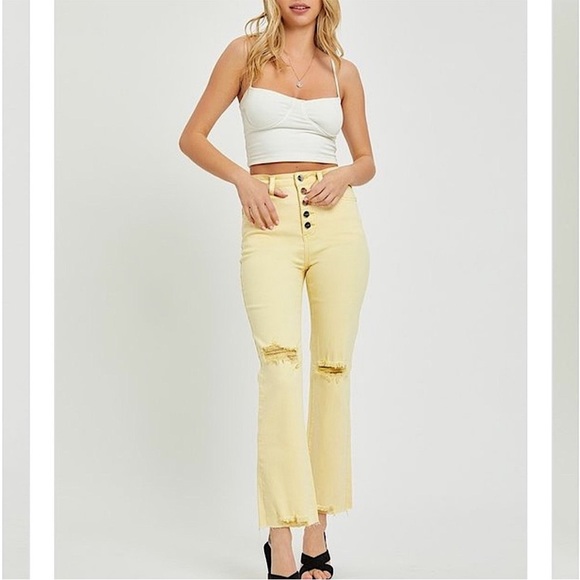 RISEN: PALE YELLOW High Rise button fly distressed Ankle Straight Pant 32! - Picture 1 of 6